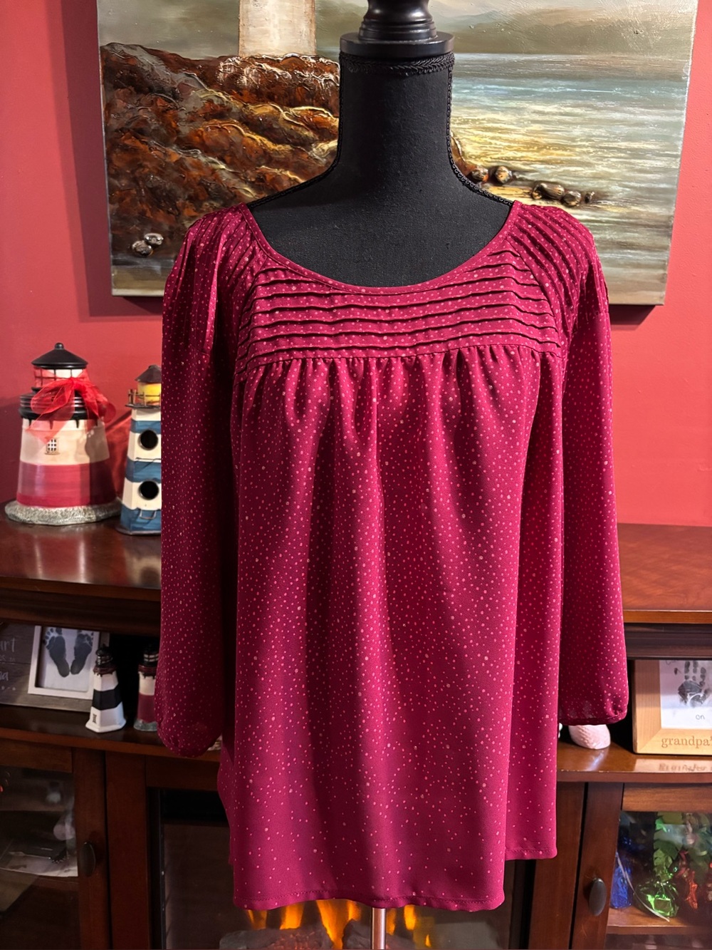 LC Lauren Conrad Cranberry Long-Sleeve Pintuck Dot Blouse.